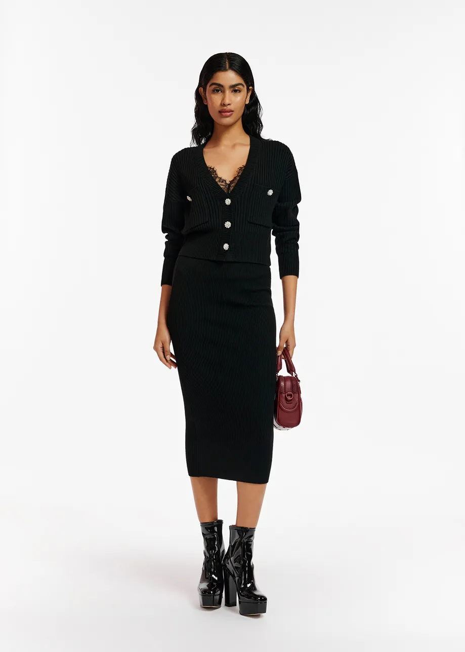 Black rib-knitted midi skirt