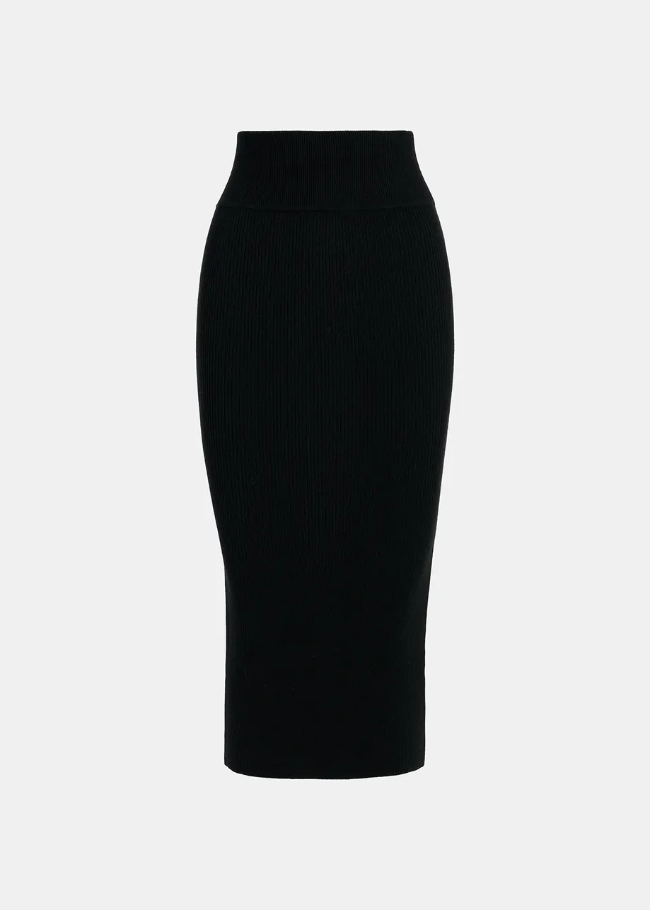 Black rib-knitted midi skirt