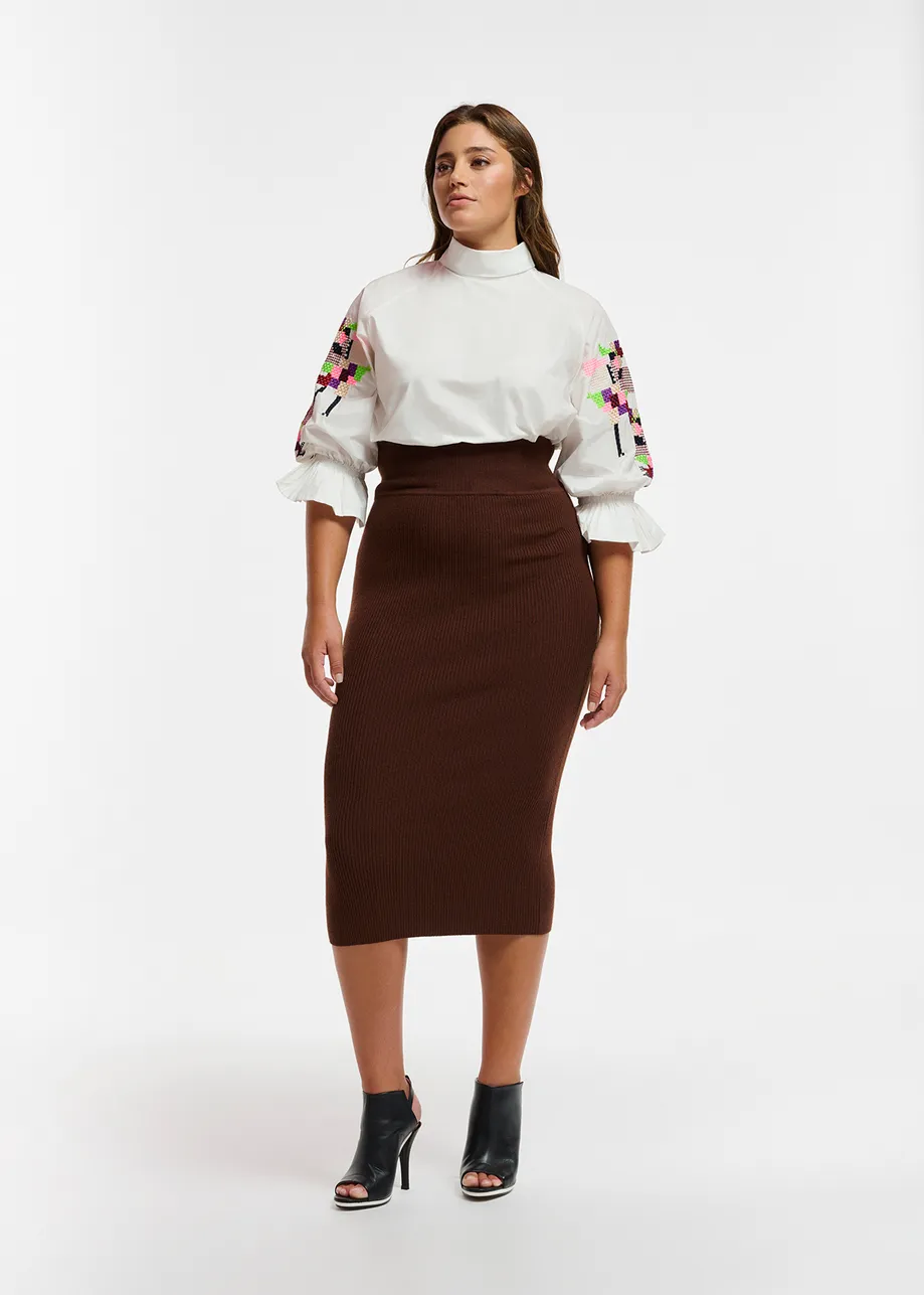 Brown rib-knitted midi skirt