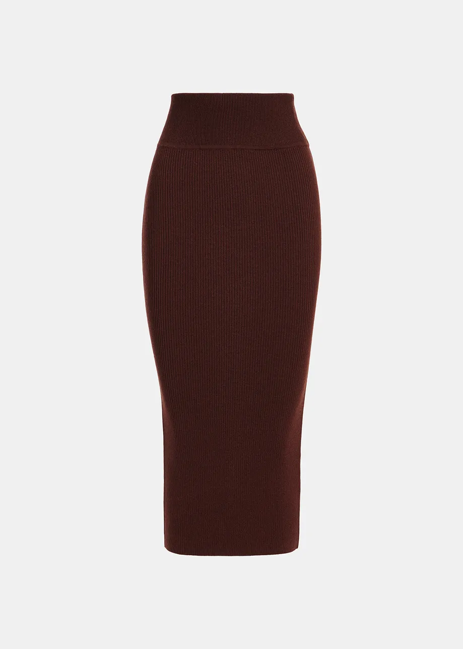 Brown rib-knitted midi skirt