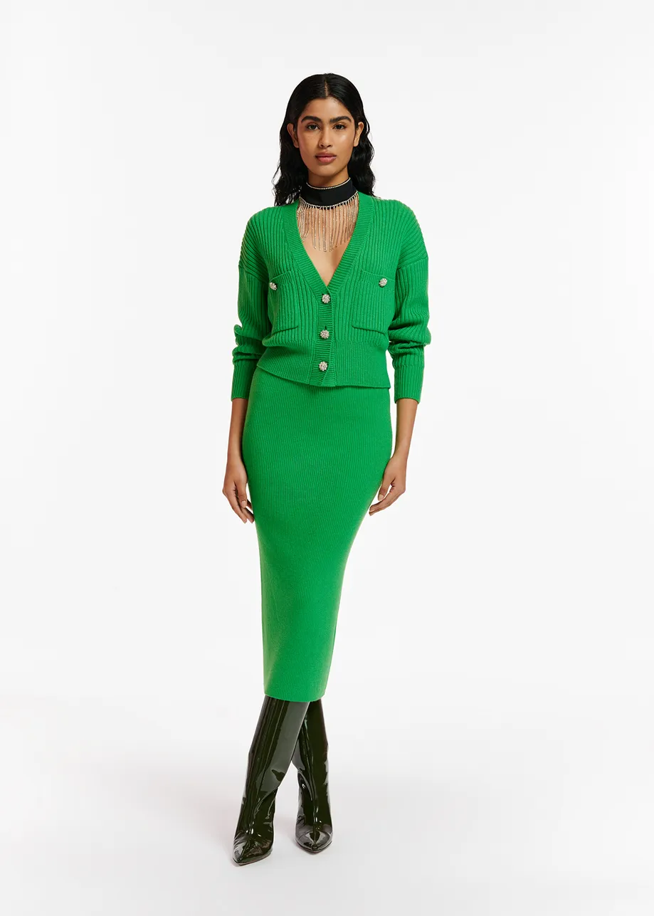 Green rib-knitted midi skirt