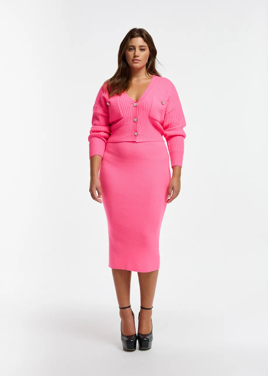 Neon pink rib-knitted midi skirt