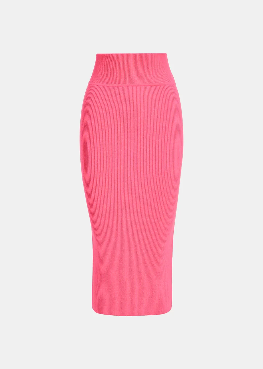 Neon pink rib-knitted midi skirt