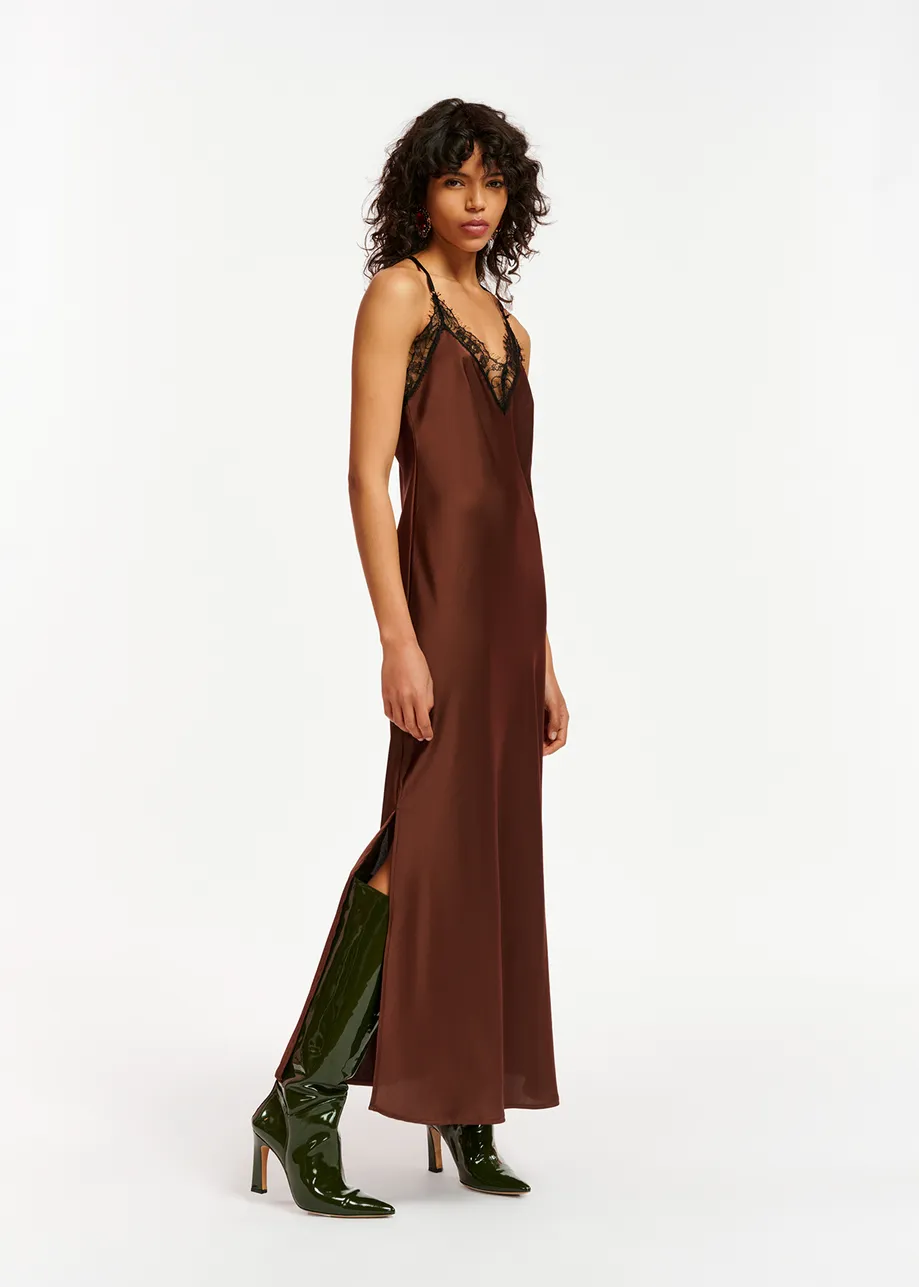 Brown lace-trimmed maxi-length slip dress
