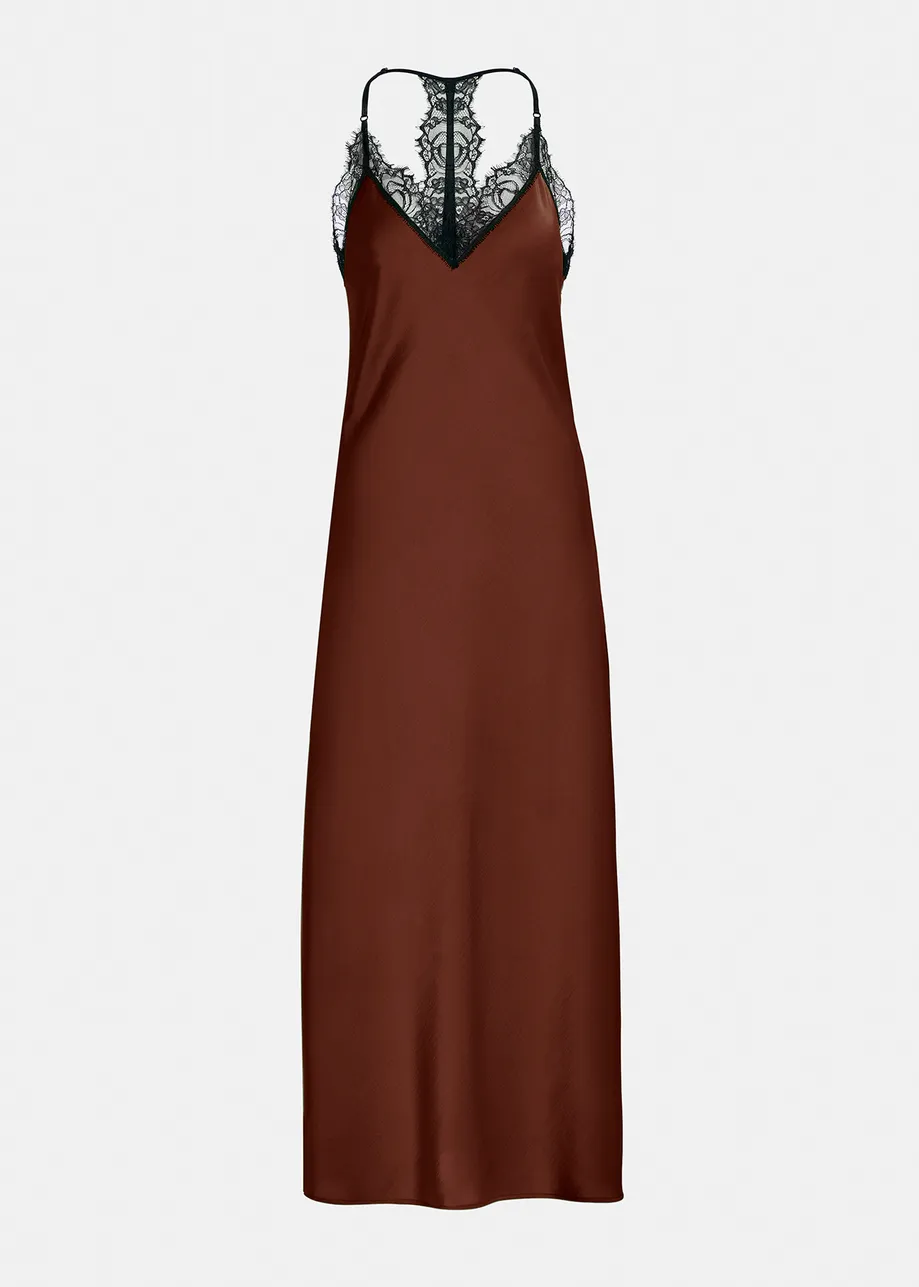 Brown lace-trimmed maxi-length slip dress
