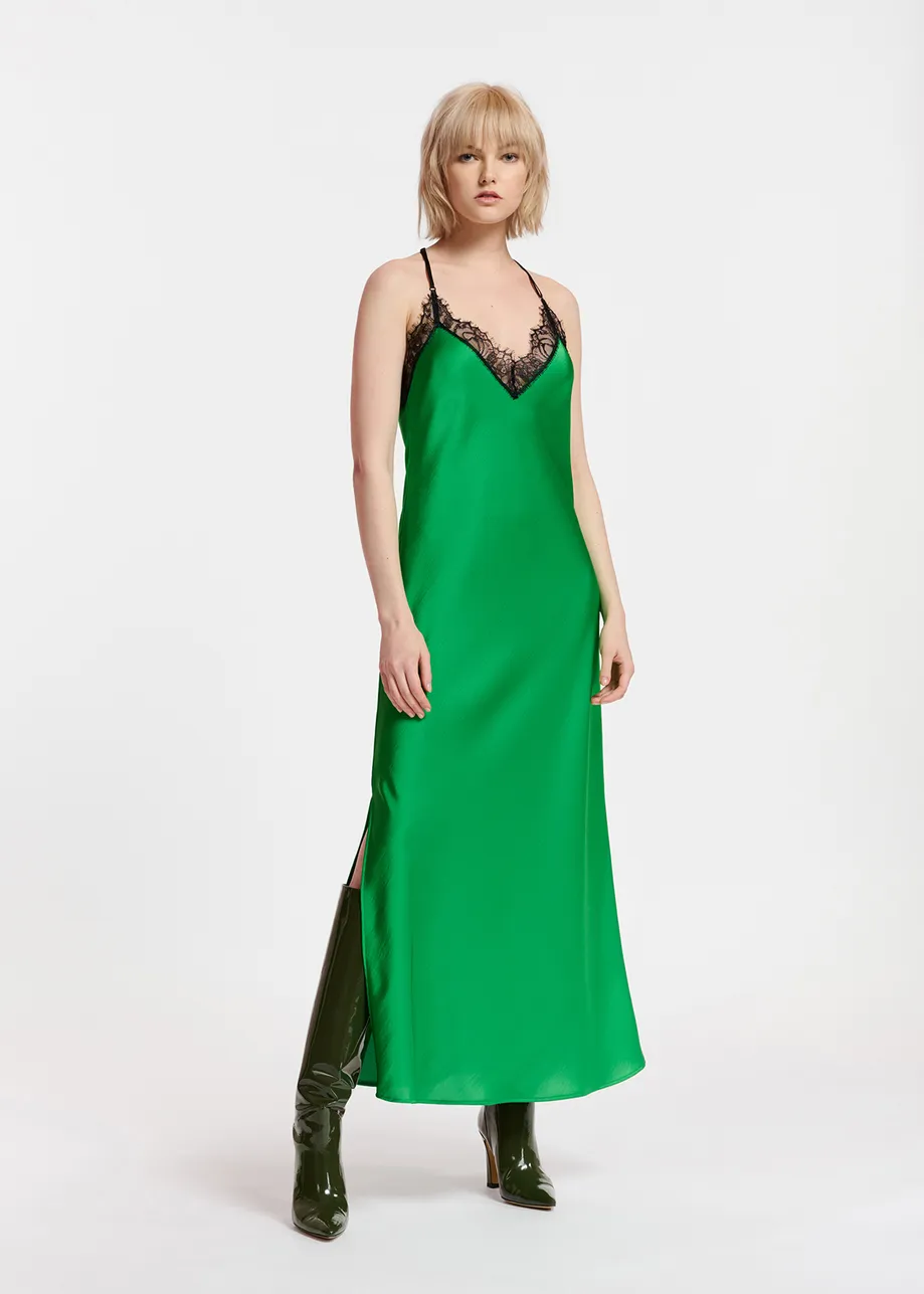 Green lace-trimmed maxi-length slip dress