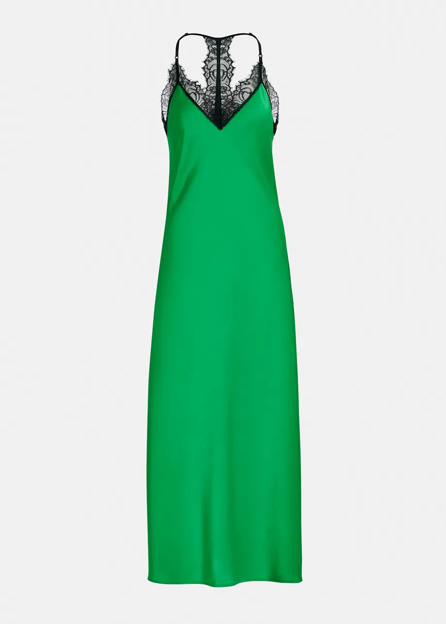 Green lace-trimmed maxi-length slip dress