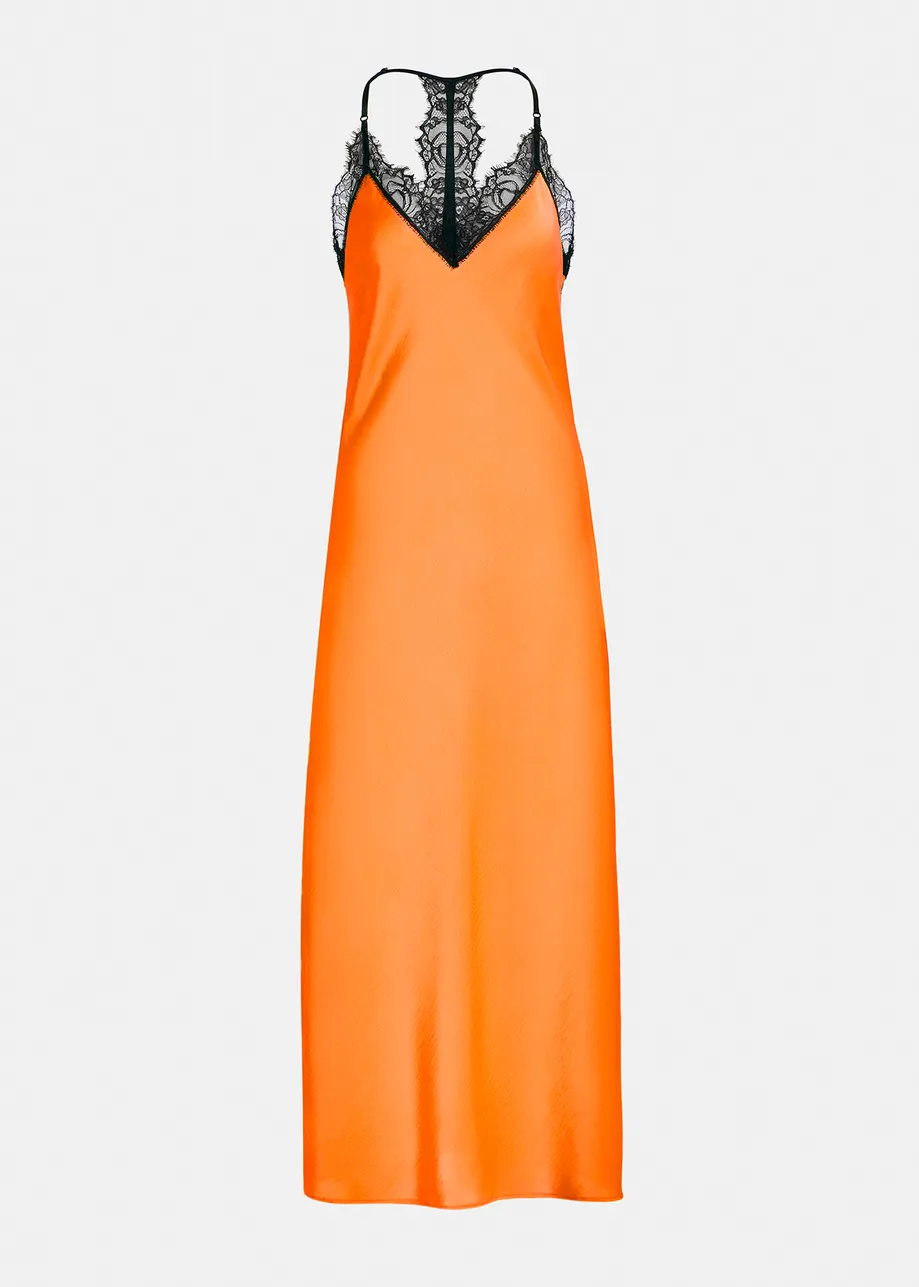 Orange lace-trimmed maxi-length slip dress