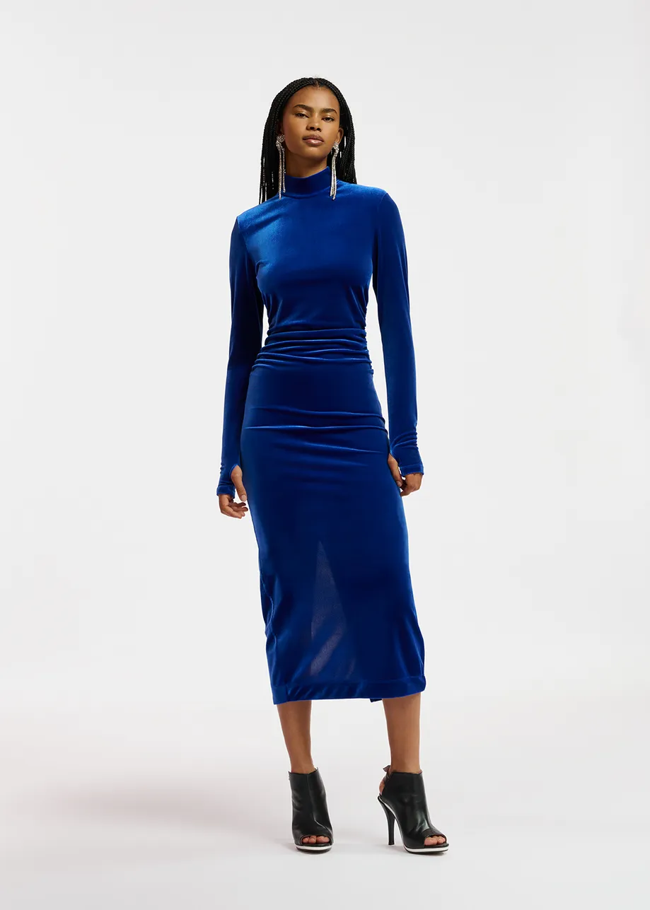 Blue stretch-velvet midi-length dress