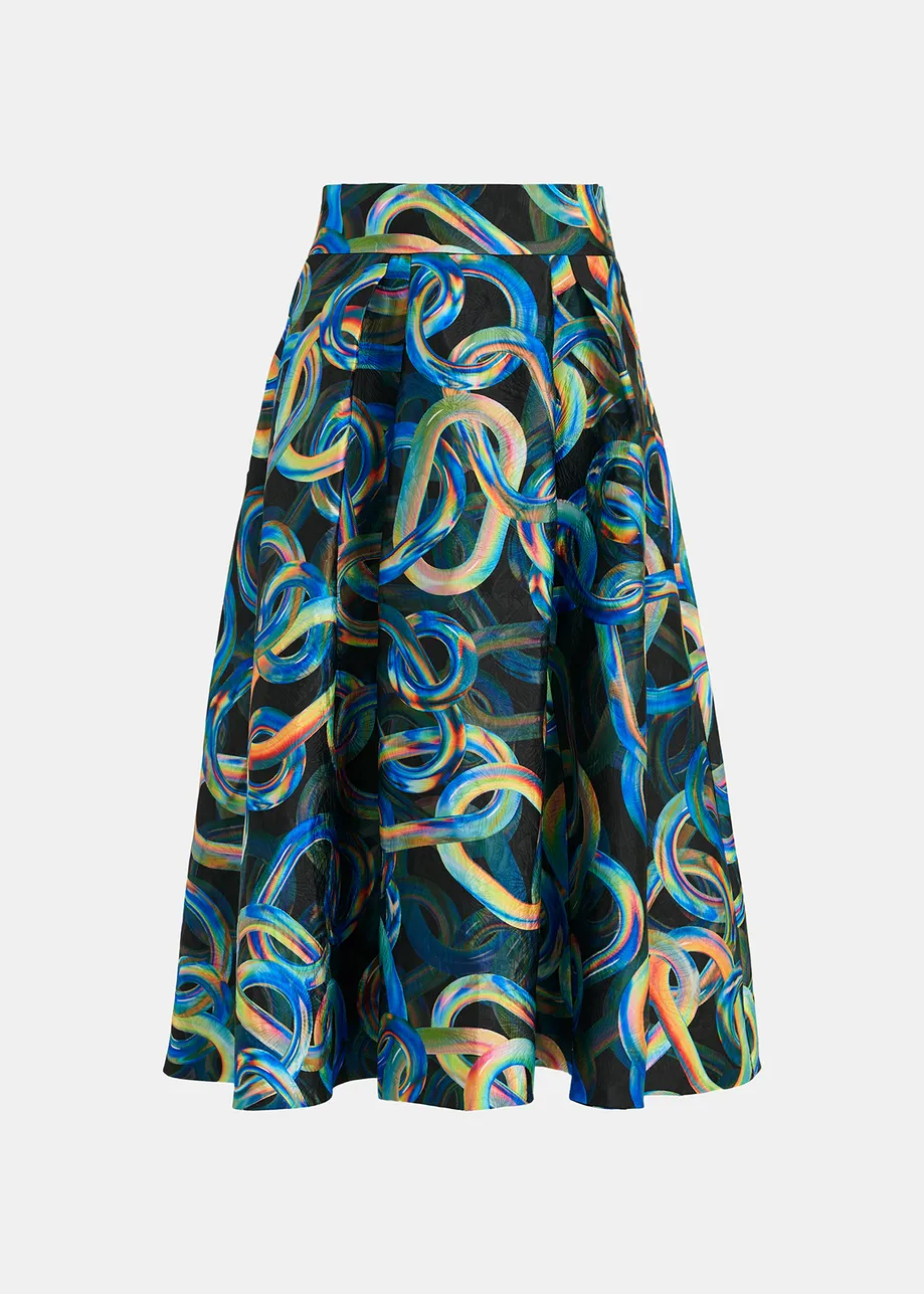 Jupe midi plissée noire à imprimé abstrait