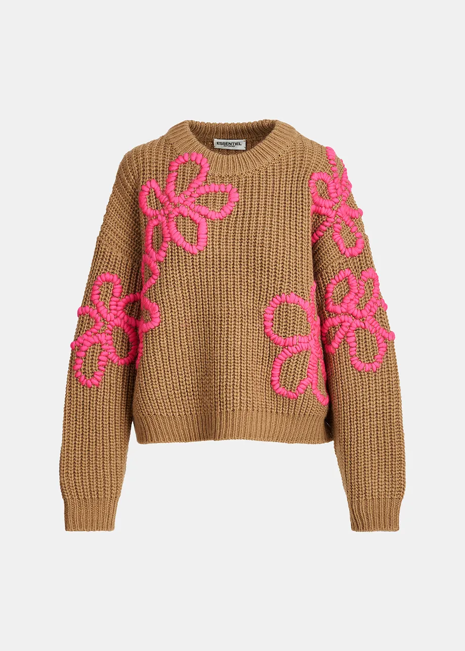 Camel knit sweater with floral embroideries | Essentiel Antwerp United ...