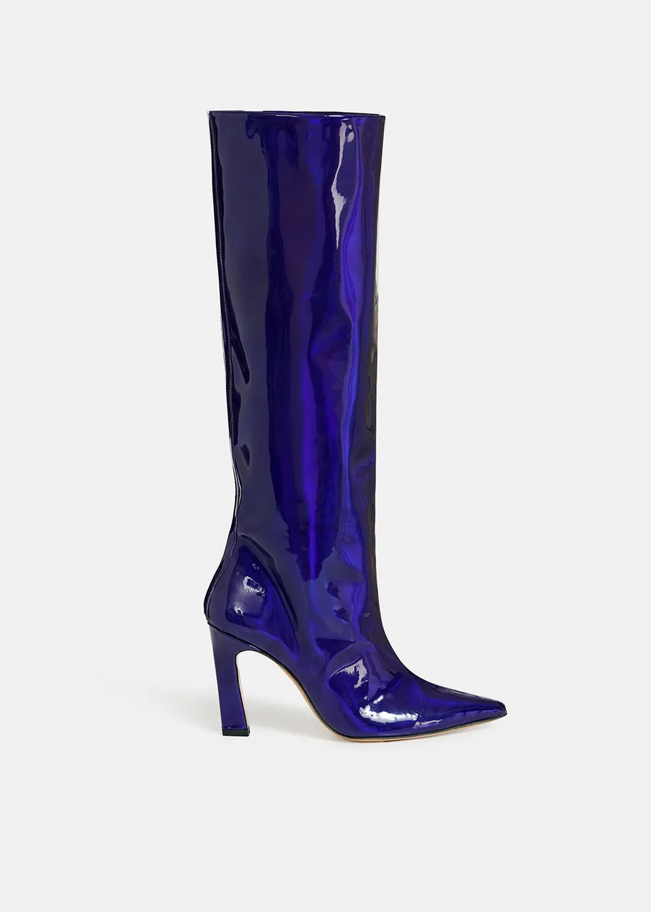 Dark blue faux patent-leather knee boots
