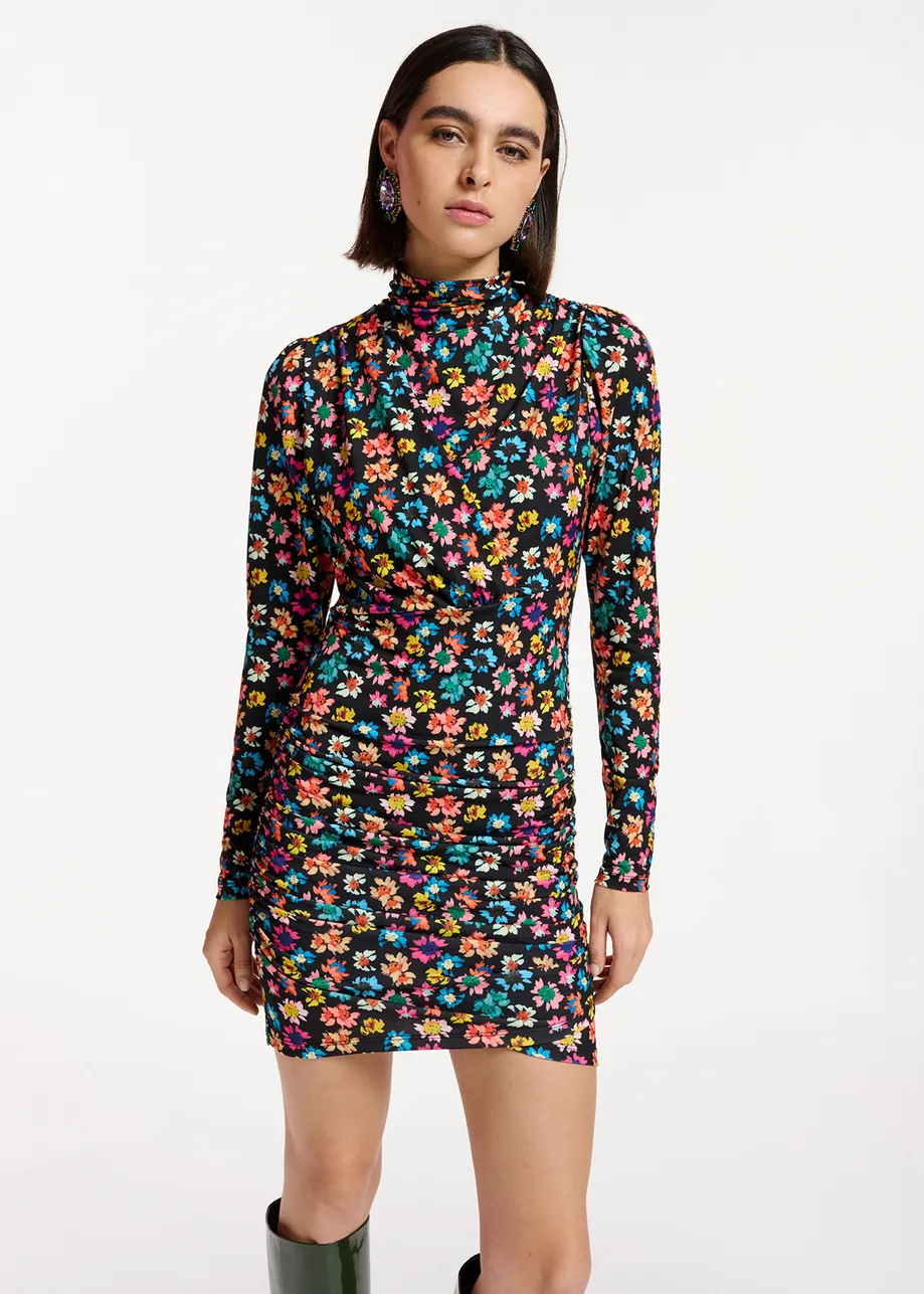 Black ruched stretch-jersey mini dress with floral print