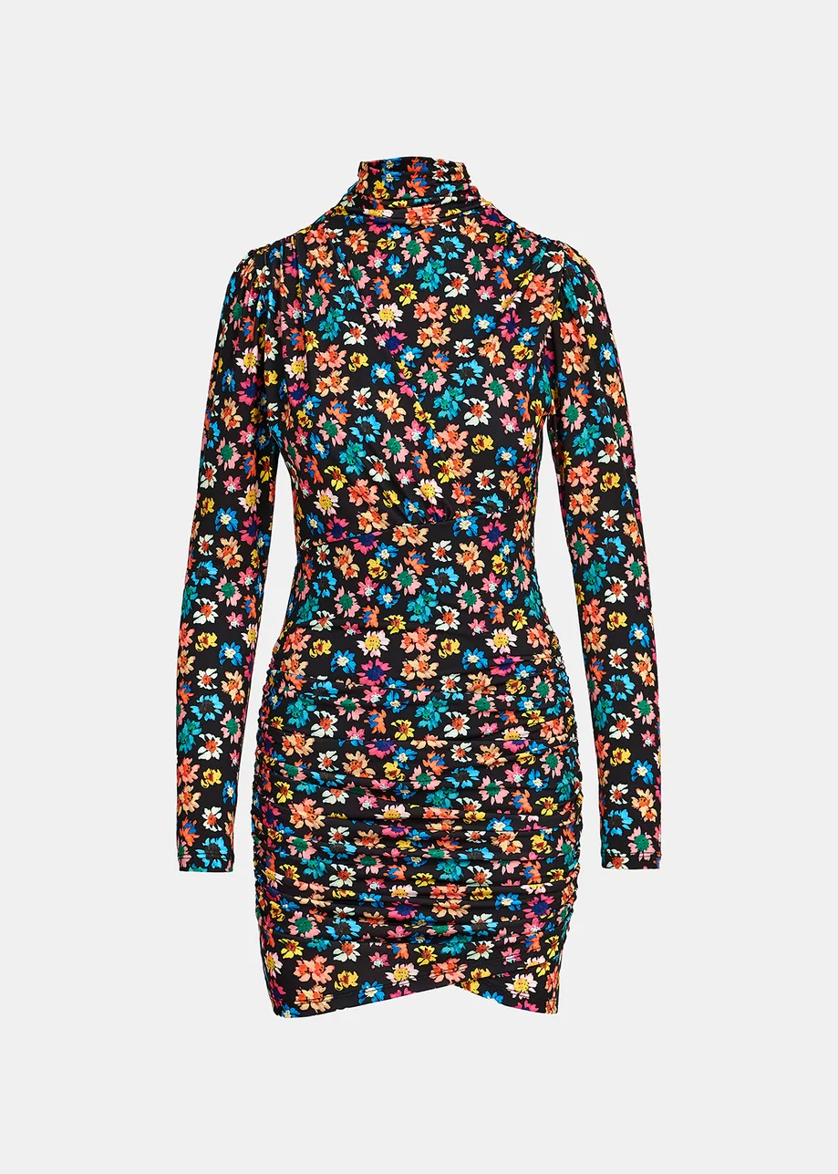 Black ruched stretch-jersey mini dress with floral print