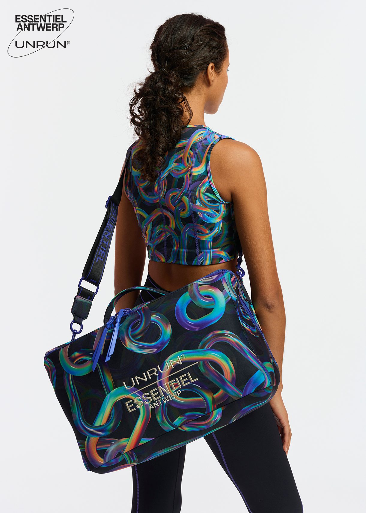 Black abstract printed duffle bag - collaboration with UNRUN