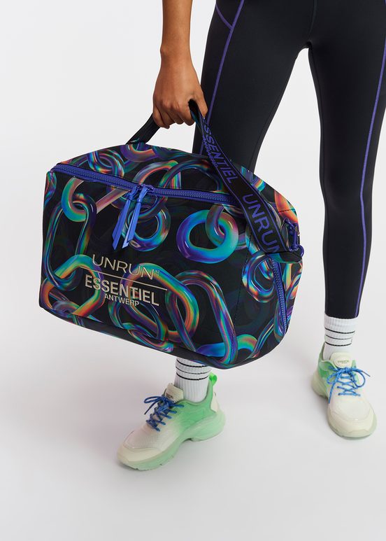 Black abstract printed duffle bag - collaboration with UNRUN