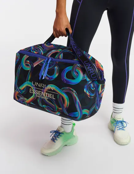 Black abstract printed duffle bag - collaboration with UNRUN