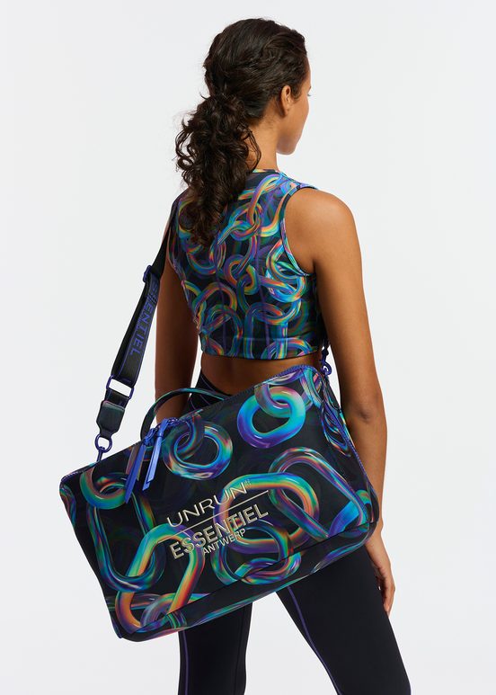 Black abstract printed duffle bag - collaboration with UNRUN