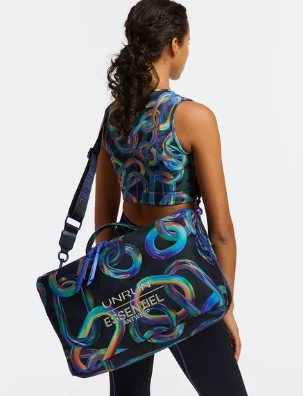 Black abstract printed duffle bag - collaboration with UNRUN