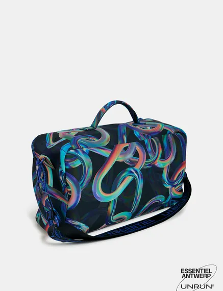 Black abstract printed duffle bag - collaboration with UNRUN