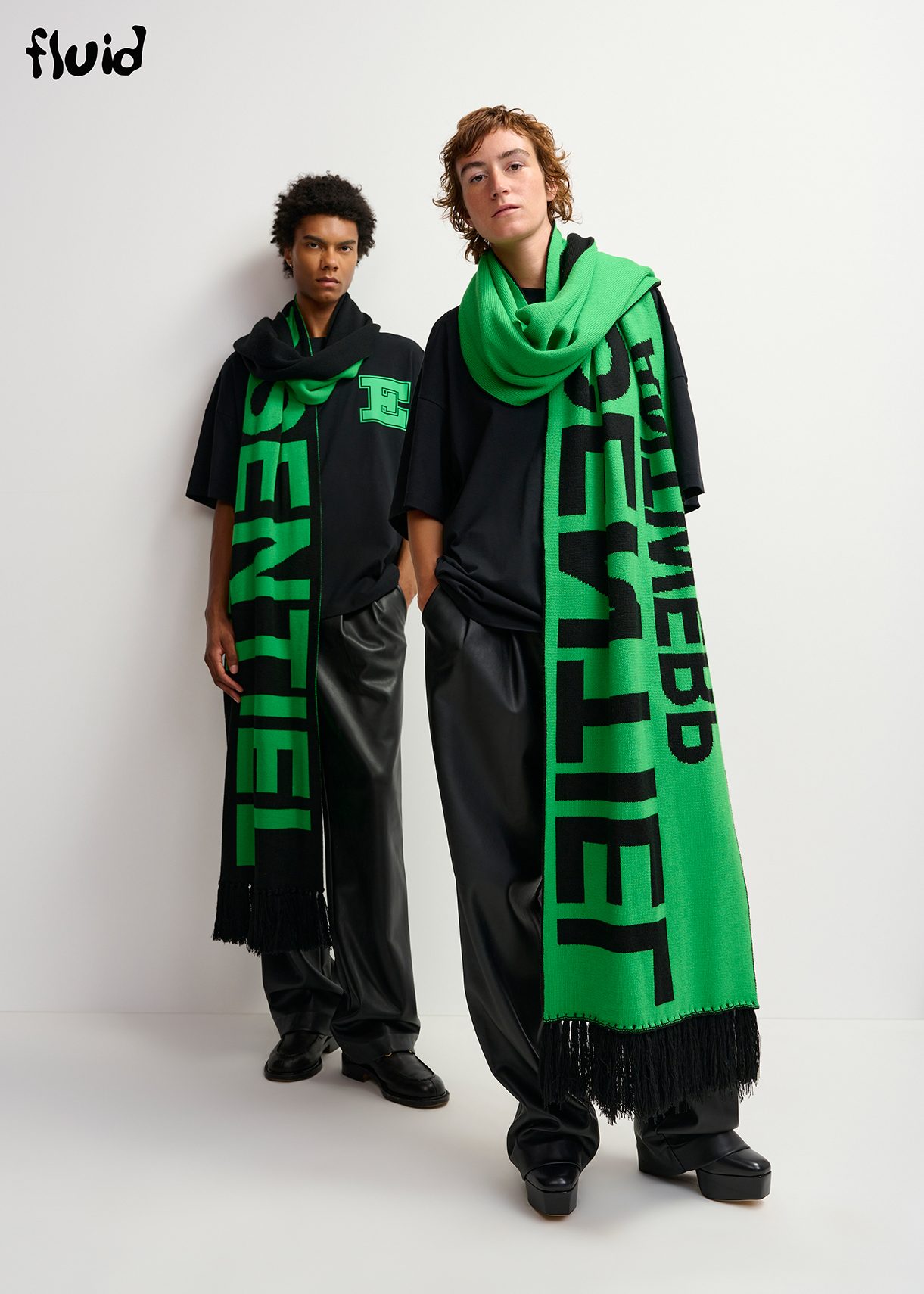 Black and green intarsia-knit logo scarf