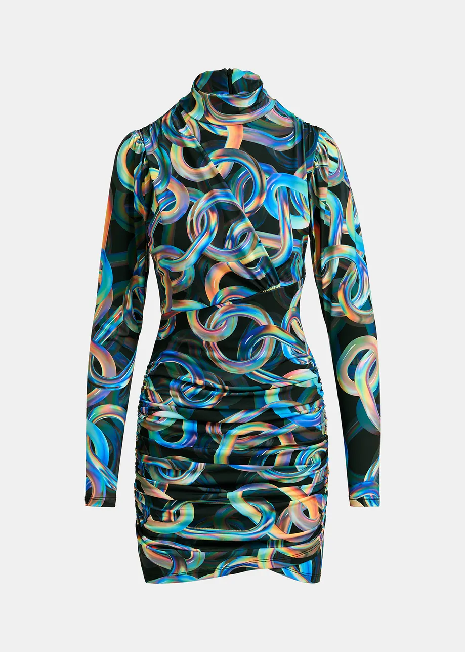 Black stretch-jersey mini dress with multicolor chain print