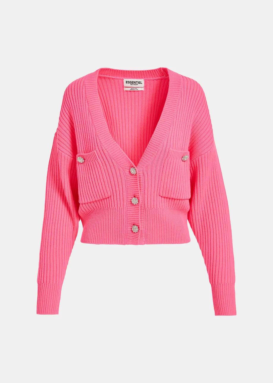 Neon pink rhinestone-button V-neck cardigan