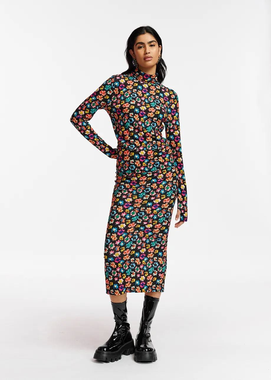 Black ruched stretch-jersey midi skirt with floral print