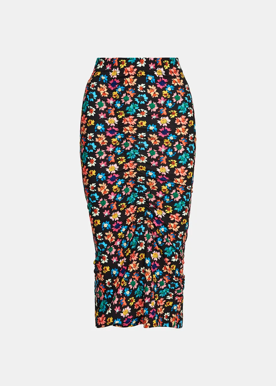 Black ruched stretch-jersey midi skirt with floral print