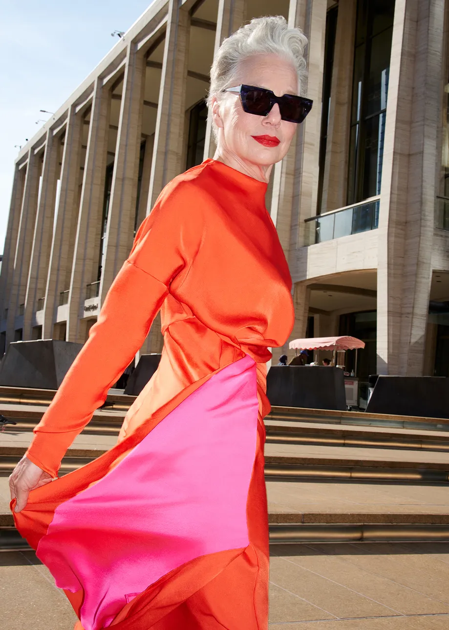 Red and pink draped midi-length dress