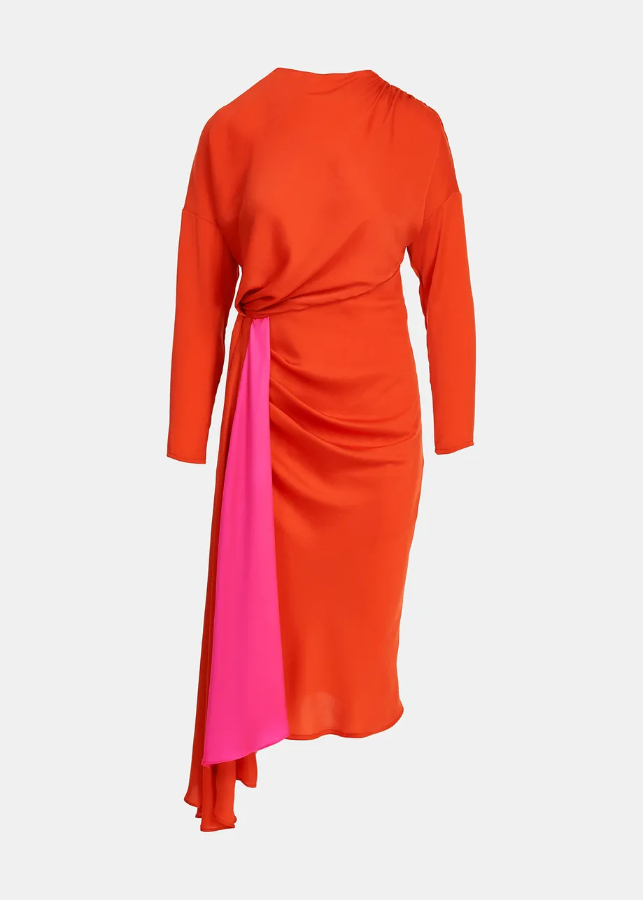 Red and pink draped midi-length dress