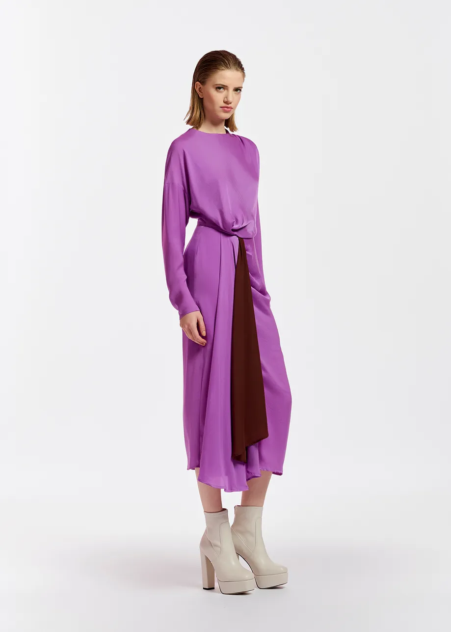 Purple and brown draped midi-length dress
