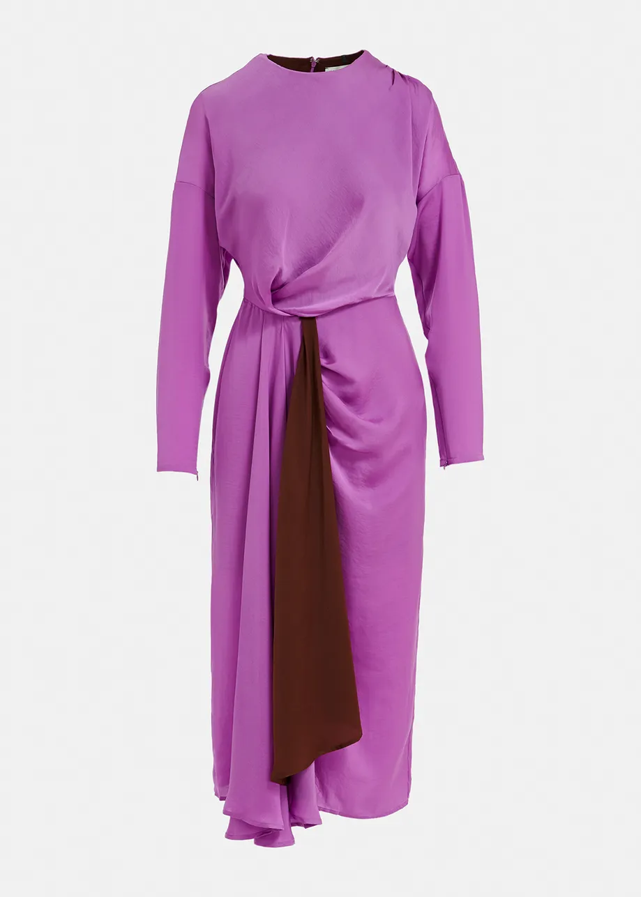 Purple and brown draped midi-length dress