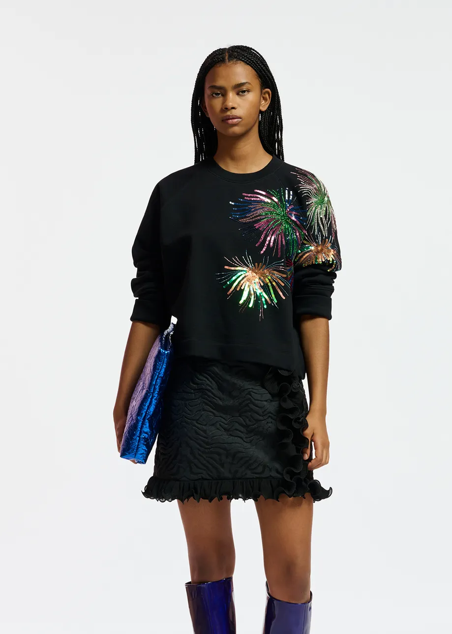 Black organic cotton sweatshirt with bead and sequin embellishments