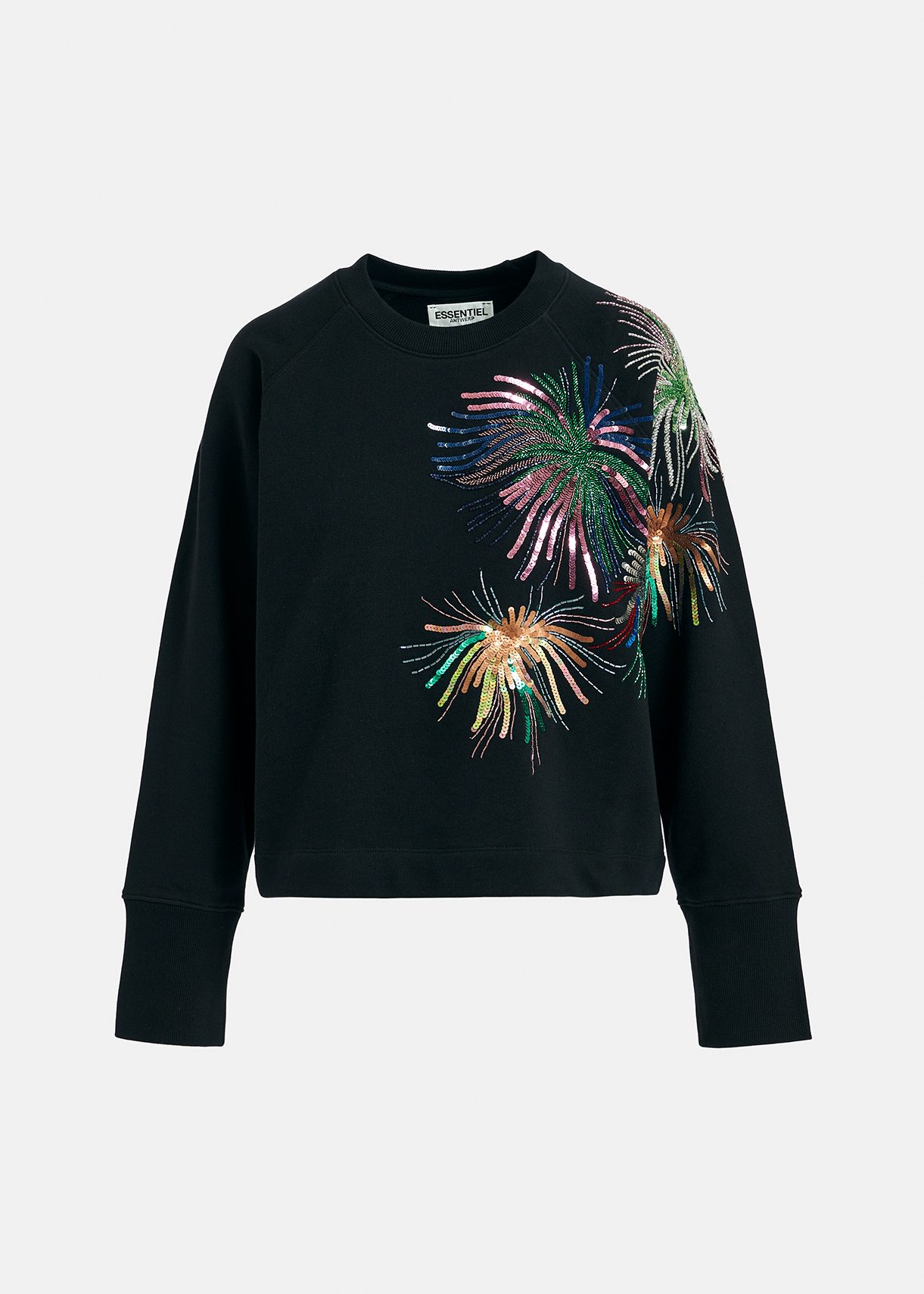 Black organic cotton sweatshirt with bead and sequin embellishments