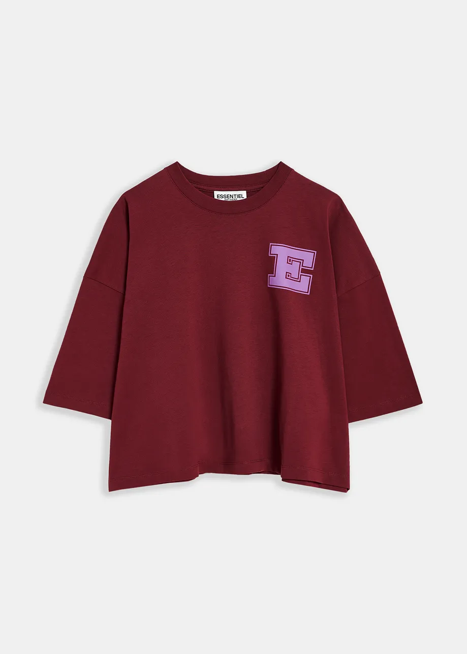 Maroon organic cotton cropped T-shirt with 'E' print