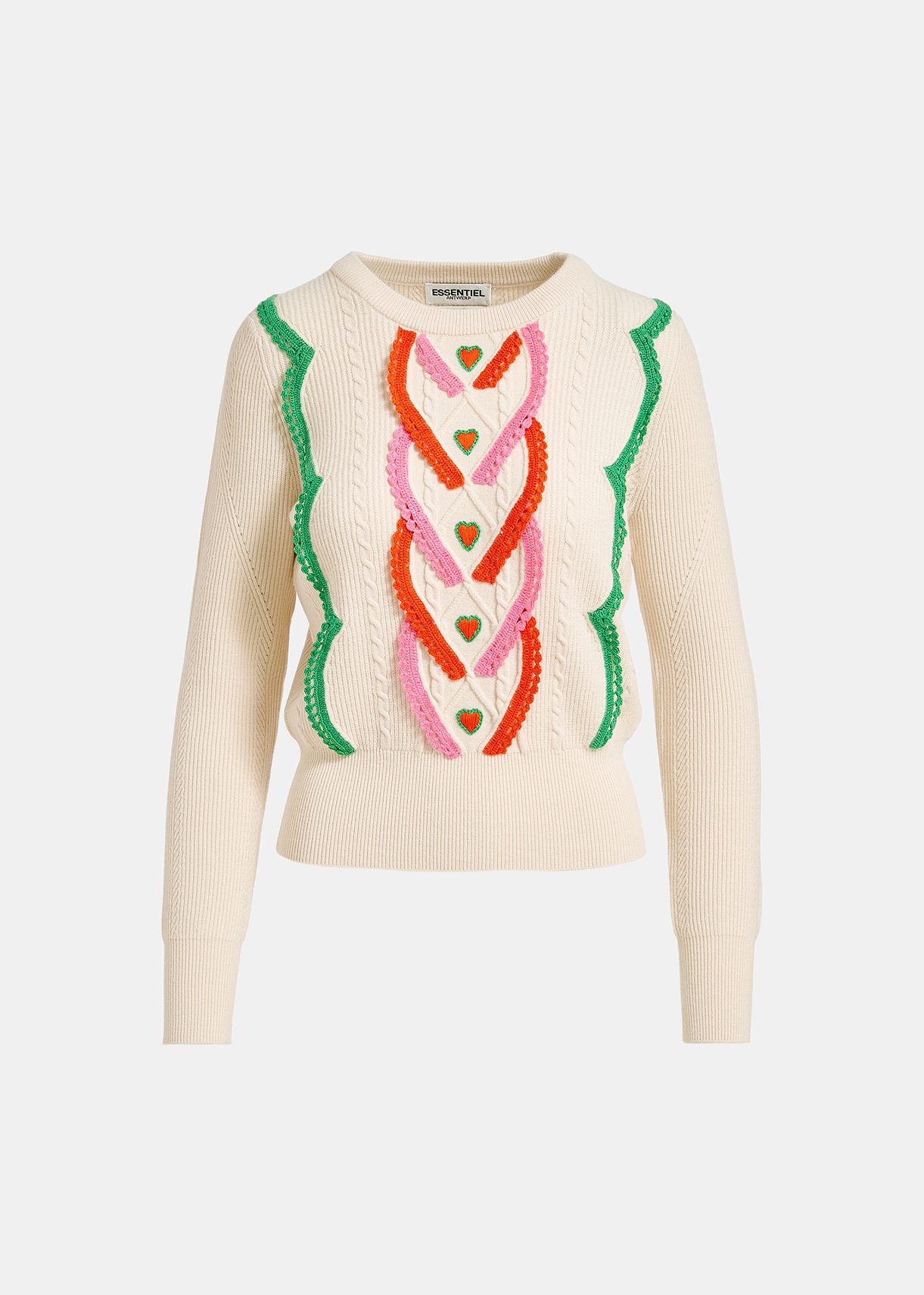 Ecru cable-knitted sweater with embroideries