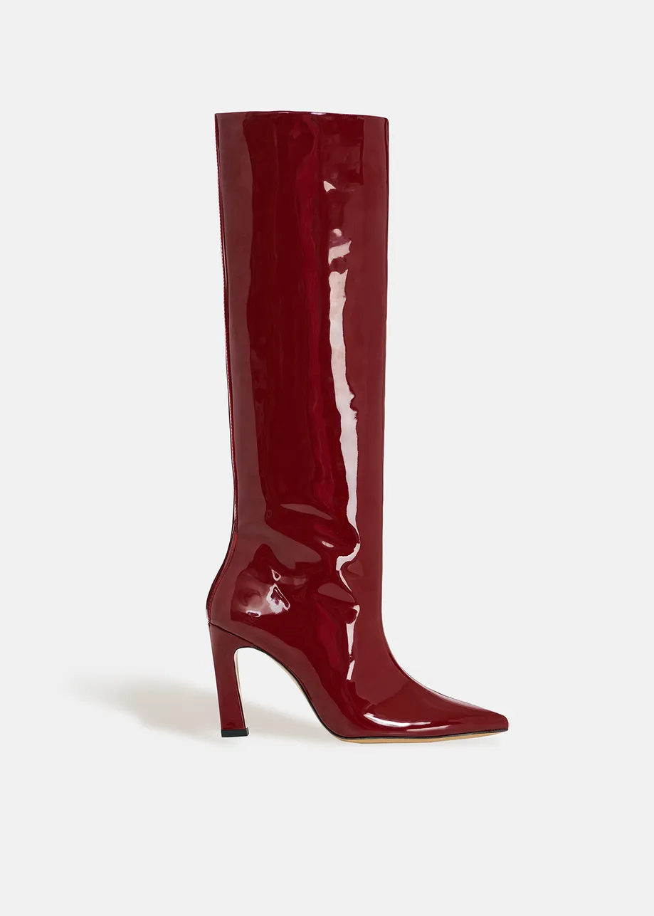 Burgundy patent-leather knee boots