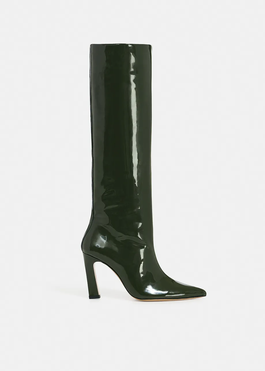 Khaki patent-leather knee boots