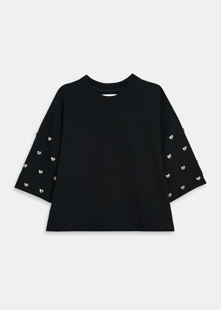 Black sweatshirt with rhinestone embellishments