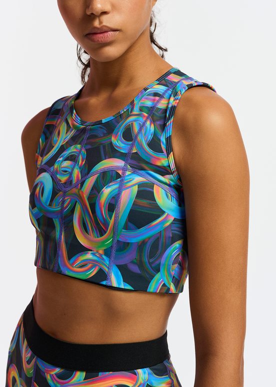 Zwarte sportbeha met abstracte print - samenwerking met UNRUN