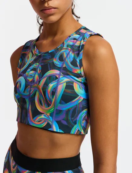 Zwarte sportbeha met abstracte print - samenwerking met UNRUN