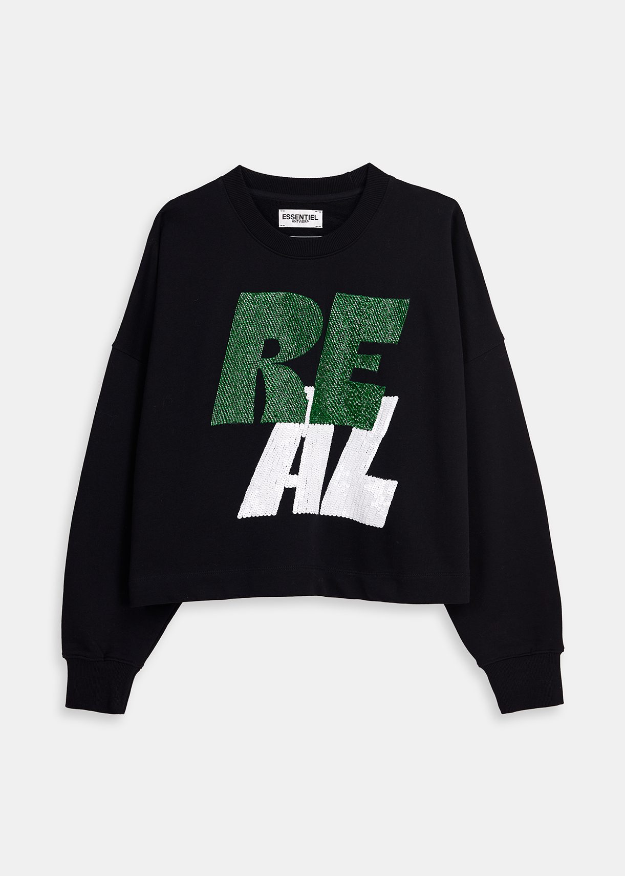 Black sweatshirt with bead and sequin-embellished text print