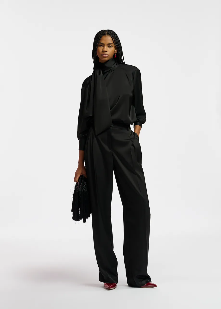 Black tapered-leg satin pants