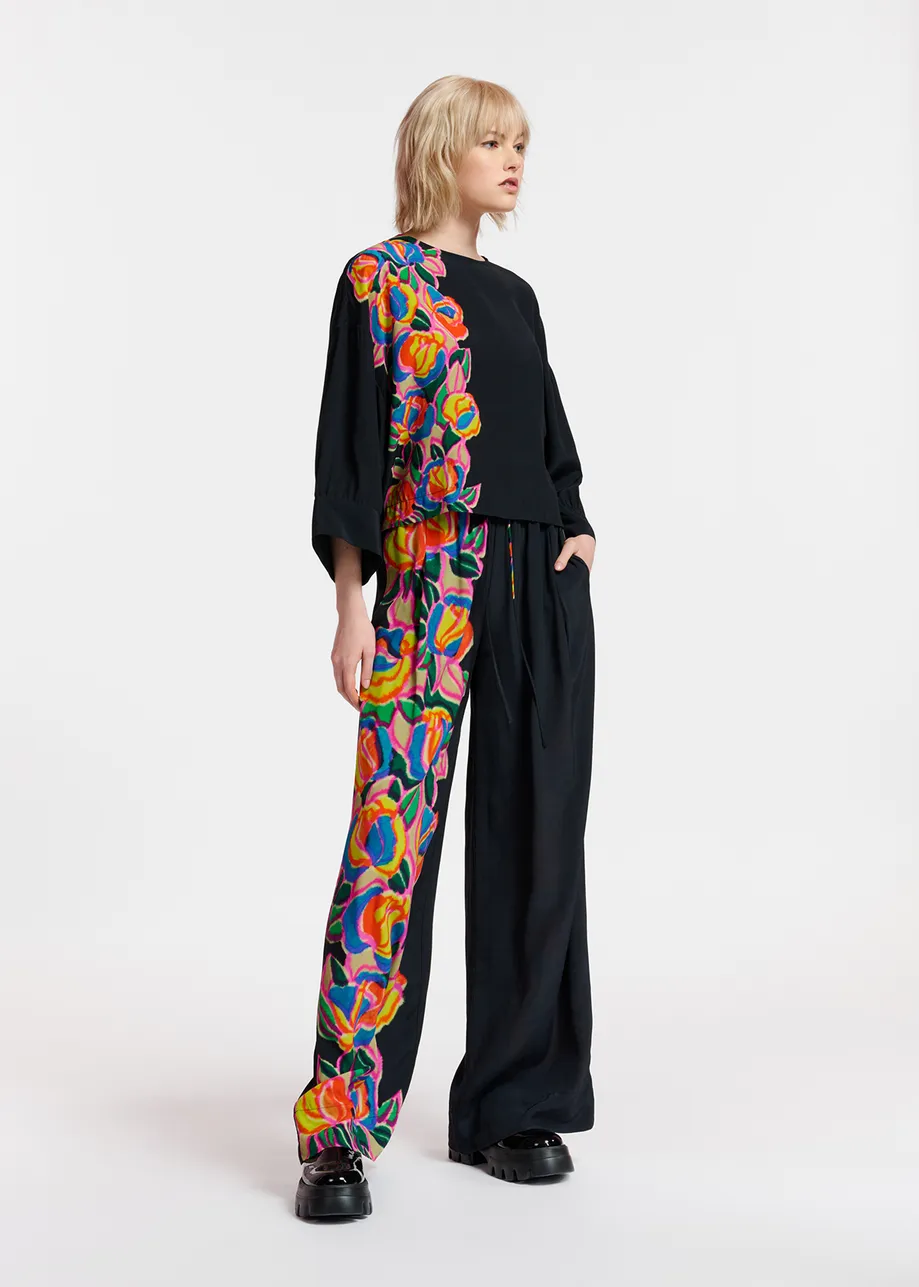Black wide-leg pants with multicolor floral print