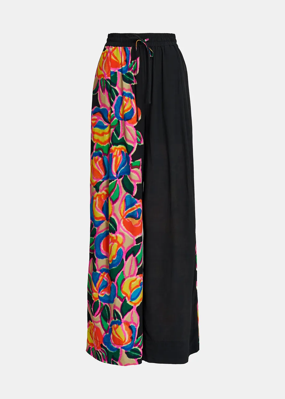 Black wide-leg pants with multicolor floral print