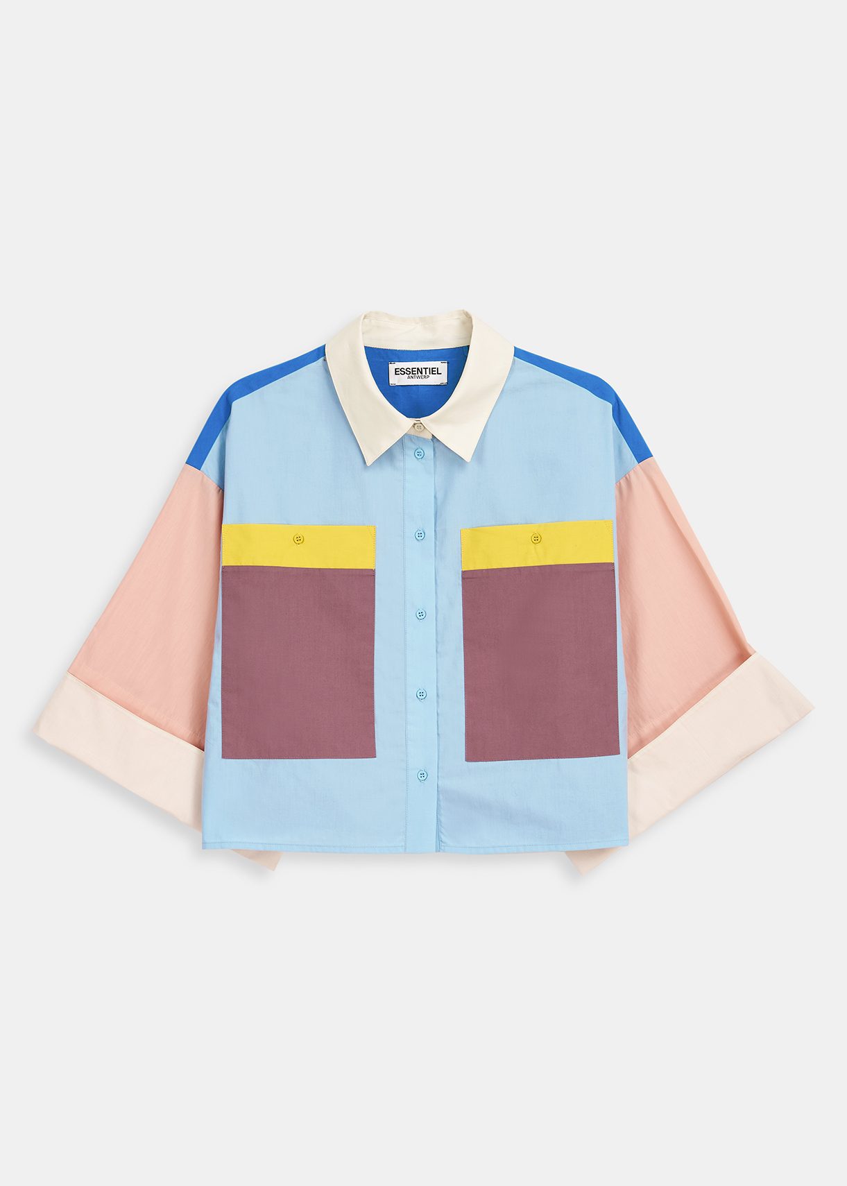 Blue, mauve and yellow color-blocking cropped shirt