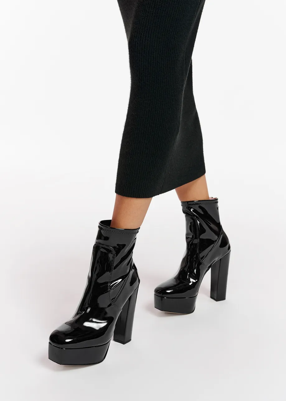 Black faux patent-leather platform ankle boots