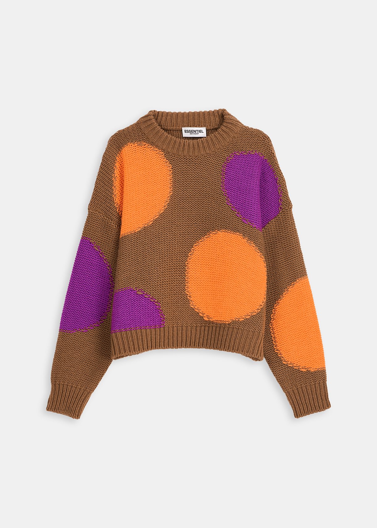 Camel, orange and purple intarsia-knitted sweater