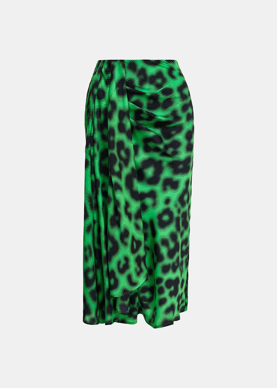 Green draped midi-length skirt with leopard print